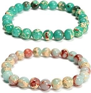 Mixed Gemstones Bead Double Protection Bracelet Set-Stone Round Beaded Stretchy Bracelets For Women Men