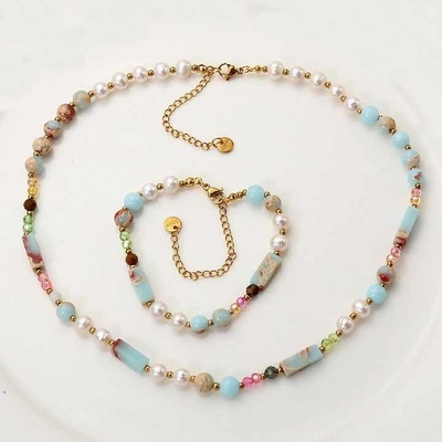 Natural Stone Women Shoushan Stone Multi Color Crystal Beads Bracelet Necklace Tiny Cylinder Natural Stone Necklace Stainless Steel Gold Beads Beaded Necklace for Women