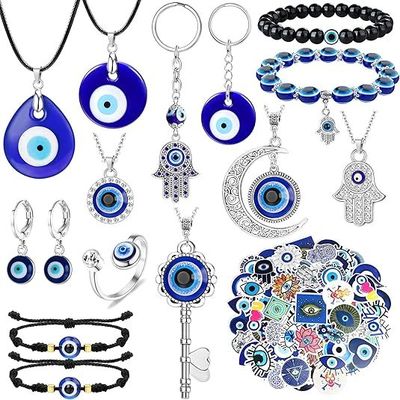 Evil Eye Necklace, Bracelet, Earring, Ring, Keychain & Hamsa Hand Pendant - Turkish Protection Jewelry Set Evil Eye Pendant Necklace Glass Leather Rope Chain Turkish Protect