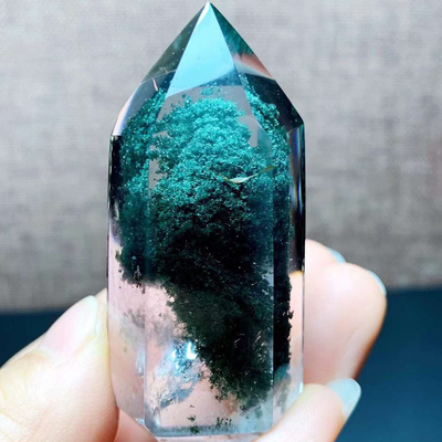 Natural Brazilian Green Ghost Water Drop Pyramid Emerald Green Ghost Original Stone Ornaments Full Inclusion Cornucopia Thousand-Layer Mountain