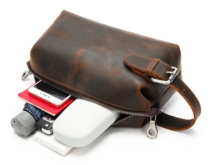 Crazy horse leather vintage toiletry bag Genuine Leather Woven Clutch Bag Unisex Portable Handheld Storage Bag Leather Large Capacity Toiletry Bag Wholesale