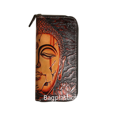 Buddha Demon Handmade Vegetable Tanned Cowhide Carved Japanese Wallet Genuine Leather Long Zipper One Thought Handheld Wallet Clip