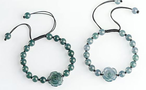 Real Jade Bracelet For Women, Natural Jadeite Handmade Carved Peach Blossom Stretch Beaded Beads Jade Bangle Jewelry, Stress Relief Feng Shui Prosperity Blue-Green Jades Bracelets,For Valentine'S