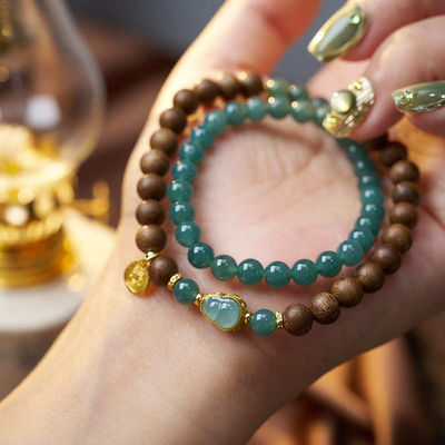 Real Jade Bracelet For Women, Natural Jadeite Handmade Carved Peach Blossom Stretch Beaded Beads Jade Bangle Jewelry, Stress Relief Feng Shui Prosperity Blue-Green Jades Bracelets,For Valentine'S
