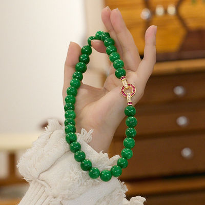 Premium Artisan Handcrafted Jade Necklace High Quality Woman Natural Dark Green Jade Round Gemstone Beads Stretchy Bangle Necklace and Bracelet 8/10/12/14mm