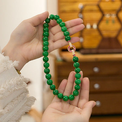 Premium Artisan Handcrafted Jade Necklace High Quality Woman Natural Dark Green Jade Round Gemstone Beads Stretchy Bangle Necklace and Bracelet 8/10/12/14mm