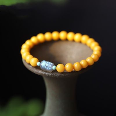 Fashion Jewelry Round Donut Yellow Amber Natural Yellow Piebald Amber Bracelet Water Purification Fashion Flower Round Beads Factory Direct Sales
