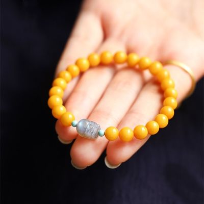 Fashion Jewelry Round Donut Yellow Amber Natural Yellow Piebald Amber Bracelet Water Purification Fashion Flower Round Beads Factory Direct Sales