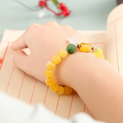 Fashion Jewelry Round Donut Yellow Amber Natural Yellow Piebald Amber Bracelet Water Purification Fashion Flower Round Beads Factory Direct Sales