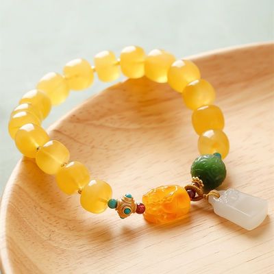 Fashion Jewelry Round Donut Yellow Amber Natural Yellow Piebald Amber Bracelet Water Purification Fashion Flower Round Beads Factory Direct Sales