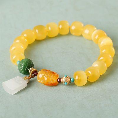 Fashion Jewelry Round Donut Yellow Amber Natural Yellow Piebald Amber Bracelet Water Purification Fashion Flower Round Beads Factory Direct Sales
