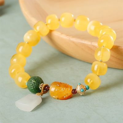 Fashion Jewelry Round Donut Yellow Amber Natural Yellow Piebald Amber Bracelet Water Purification Fashion Flower Round Beads Factory Direct Sales