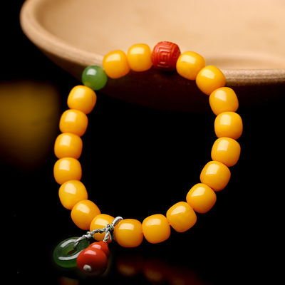 Fashion Jewelry Round Donut Yellow Amber Natural Yellow Piebald Amber Bracelet Water Purification Fashion Flower Round Beads Factory Direct Sales