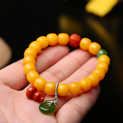 Fashion Jewelry Round Donut Yellow Amber Natural Yellow Piebald Amber Bracelet Water Purification Fashion Flower Round Beads Factory Direct Sales