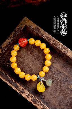 Amber Charm Elastic Natural Gemstone Natural Water Purification Amber Beeswax Hand String Beeswax Amber Round Bead Flower Perdo Circle Couple Bracelet