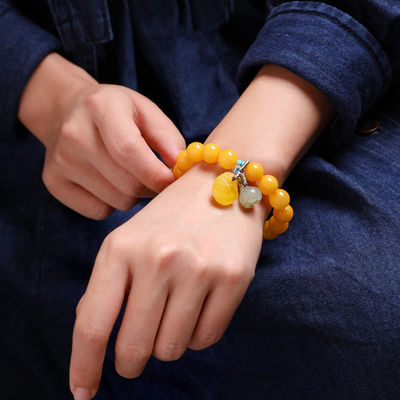 Amber Charm Elastic Natural Gemstone Natural Water Purification Amber Beeswax Hand String Beeswax Amber Round Bead Flower Perdo Circle Couple Bracelet