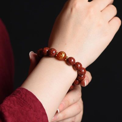 Round Bead Cinnabar Lucky Bead Buddhist Rosary Bracelet for Men and Women Cinnabar Single Circle Bead With Copper Charm Bracelet Purple Cinnabar Light Green Jade Beads Lotus Flower Bracelet