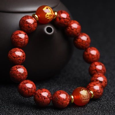 Round Bead Cinnabar Lucky Bead Buddhist Rosary Bracelet for Men and Women Cinnabar Single Circle Bead With Copper Charm Bracelet Purple Cinnabar Light Green Jade Beads Lotus Flower Bracelet