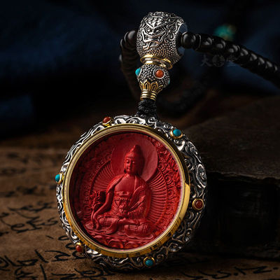 Feng Shui Buddha Amulet Pendant Necklace, Ebony Cinnabar Good Luck Protection Tibetan Buddhist Jewelry, Health Talisman Ward Off Evil Necklace, Handmade Wood Carving Religion Gifts