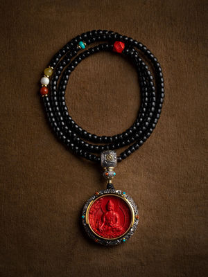 Feng Shui Buddha Amulet Pendant Necklace, Ebony Cinnabar Good Luck Protection Tibetan Buddhist Jewelry, Health Talisman Ward Off Evil Necklace, Handmade Wood Carving Religion Gifts