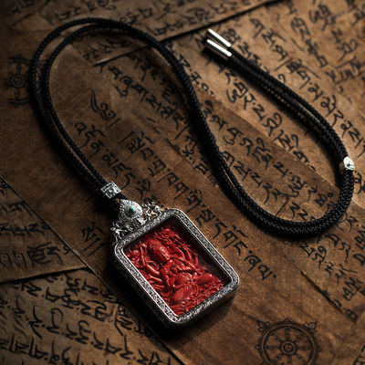Buddha Amulet Pendant Necklace, Feng Shui Tibetan Buddhist Jewelry, Ebony Cinnabar Good Luck Protection, Talisman Necklace Ward Off Evil, Handmade Wood Carving Religion Gift