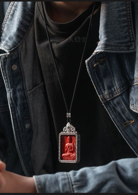 Buddha Amulet Pendant Necklace, Feng Shui Tibetan Buddhist Jewelry, Ebony Cinnabar Good Luck Protection, Talisman Necklace Ward Off Evil, Handmade Wood Carving Religion Gift
