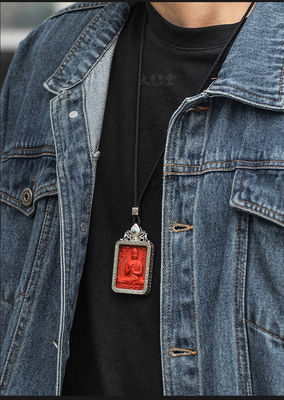 Buddha Amulet Pendant Necklace, Feng Shui Tibetan Buddhist Jewelry, Ebony Cinnabar Good Luck Protection, Talisman Necklace Ward Off Evil, Handmade Wood Carving Religion Gift