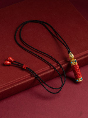 Chinese Feng Shui Amulet Premium Red Cinnabar Pendant Necklace With The Shurangama Mantra Inscription, Cinnabar Necklace for Protection, Good Luck