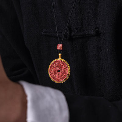 Mountain Devil Flower Coin Cinnabar Necklace For Protection, Evil Eye, And Good Luck: Classical Taoism Amulet/Mascot With Adjustable Cord And Delicate Box - Vintage Jewelry Gift For All Age