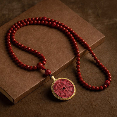 Mountain Devil Flower Coin Cinnabar Necklace For Protection, Evil Eye, And Good Luck: Classical Taoism Amulet/Mascot With Adjustable Cord And Delicate Box - Vintage Jewelry Gift For All Age