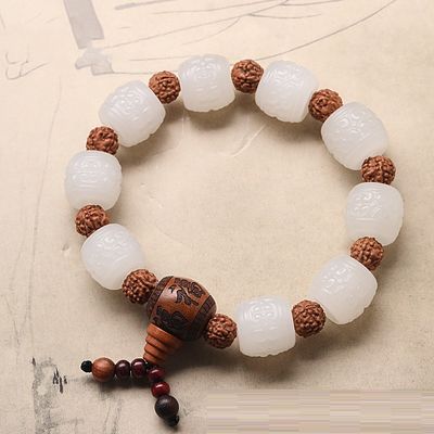Genuine Jade Bracelet Natural Gradient Color Nephrite Jade Beaded Bracelet Nephrite Jade Bangle Natural Green Stone Bracelet Carve for Women and Men