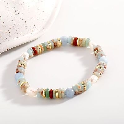 Beaded Bracelets For Women Natural Stone Malachite, Rainbow Stone, Rose Quartz, Amazonite Vintage Stretch Bracelet 6mm 14K Gold Plated Colorful Gemstones Boho Handmade Jewelry