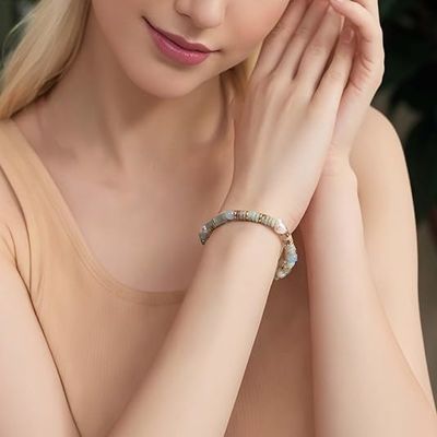 Beaded Bracelets For Women Natural Stone Malachite, Rainbow Stone, Rose Quartz, Amazonite Vintage Stretch Bracelet 6mm 14K Gold Plated Colorful Gemstones Boho Handmade Jewelry