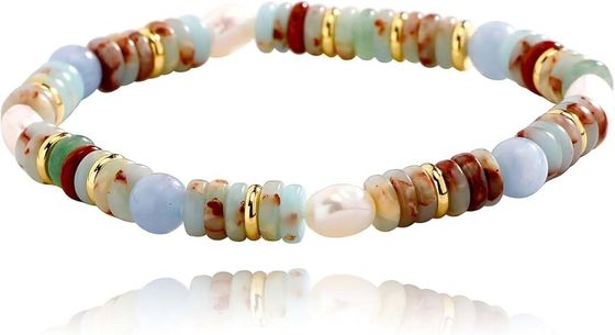 Beaded Bracelets For Women Natural Stone Malachite, Rainbow Stone, Rose Quartz, Amazonite Vintage Stretch Bracelet 6mm 14K Gold Plated Colorful Gemstones Boho Handmade Jewelry