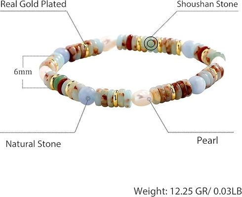 Beaded Bracelets For Women Natural Stone Malachite, Rainbow Stone, Rose Quartz, Amazonite Vintage Stretch Bracelet 6mm 14K Gold Plated Colorful Gemstones Boho Handmade Jewelry