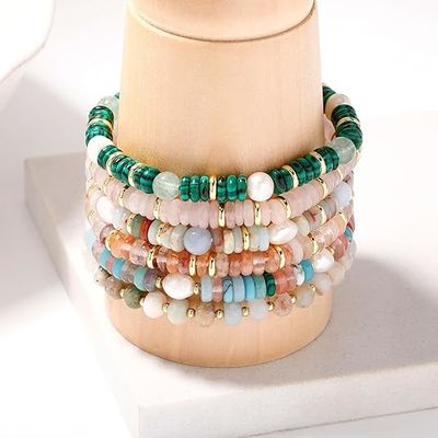 Beaded Bracelets For Women Natural Stone Malachite, Rainbow Stone, Rose Quartz, Amazonite Vintage Stretch Bracelet 6mm 14K Gold Plated Colorful Gemstones Boho Handmade Jewelry