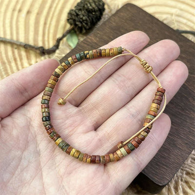 Dainty Shoushan Jasper Bracelet Minimalist Natural Stone Beads, Tibetan Bohemian Handmade Bracelet Bohemian 2*4mm Round Sediment Gemstone Healing Bracelet Gift Purple Imperial Jasper Stone