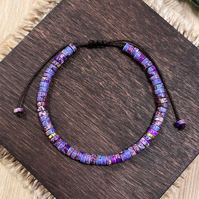 Dainty Shoushan Jasper Bracelet Minimalist Natural Stone Beads, Tibetan Bohemian Handmade Bracelet Bohemian 2*4mm Round Sediment Gemstone Healing Bracelet Gift Purple Imperial Jasper Stone