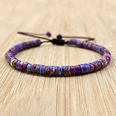 Dainty Shoushan Jasper Bracelet Minimalist Natural Stone Beads, Tibetan Bohemian Handmade Bracelet Bohemian 2*4mm Round Sediment Gemstone Healing Bracelet Gift Purple Imperial Jasper Stone