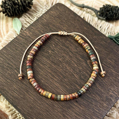Dainty Shoushan Jasper Bracelet Minimalist Natural Stone Beads, Tibetan Bohemian Handmade Bracelet Bohemian 2*4mm Round Sediment Gemstone Healing Bracelet Gift Purple Imperial Jasper Stone