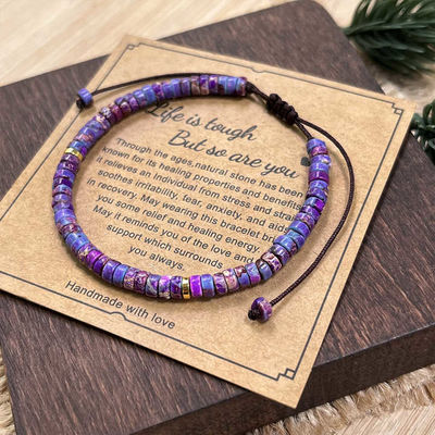 Dainty Shoushan Jasper Bracelet Minimalist Natural Stone Beads, Tibetan Bohemian Handmade Bracelet Bohemian 2*4mm Round Sediment Gemstone Healing Bracelet Gift Purple Imperial Jasper Stone