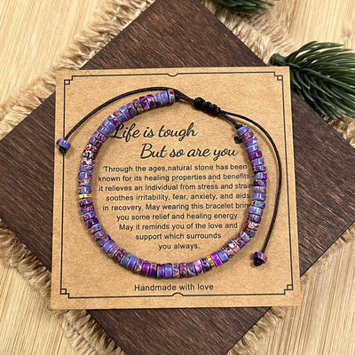 Dainty Shoushan Jasper Bracelet Minimalist Natural Stone Beads, Tibetan Bohemian Handmade Bracelet Bohemian 2*4mm Round Sediment Gemstone Healing Bracelet Gift Purple Imperial Jasper Stone