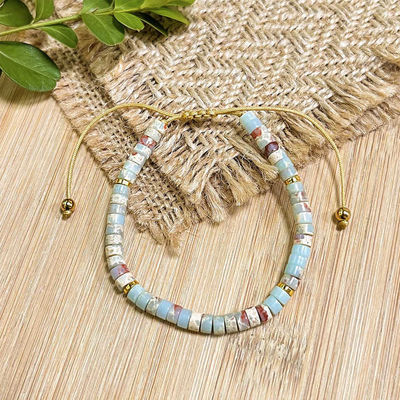 Dainty Shoushan Jasper Bracelet Minimalist Natural Stone Beads, Tibetan Bohemian Handmade Bracelet Bohemian 2*4mm Round Sediment Gemstone Healing Bracelet Gift Purple Imperial Jasper Stone