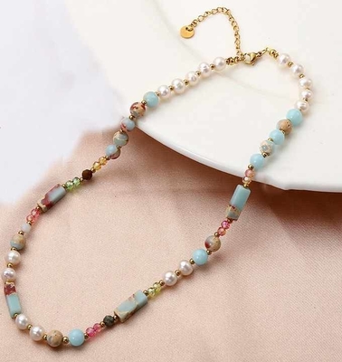 Natural Stone Women Shoushan Stone Multi Color Crystal Beads Bracelet Necklace Tiny Cylinder Natural Stone Necklace Stainless Steel Gold Beads Beaded Necklace for Women