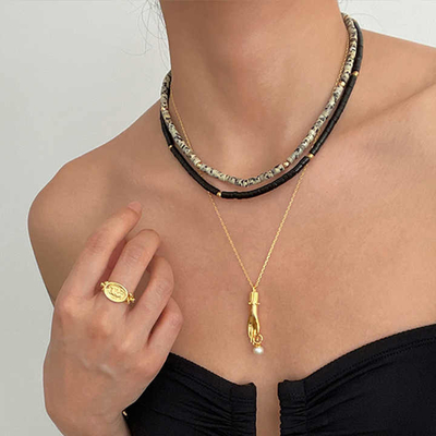 Natural Stone Women Shoushan Stone Multi Color Crystal Beads Bracelet Necklace Tiny Cylinder Natural Stone Necklace Stainless Steel Gold Beads Beaded Necklace for Women