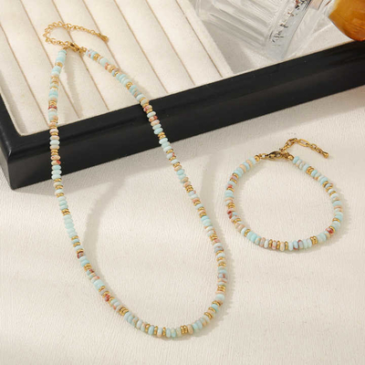 Wholesale Shoushan Natural Stone Beaded Necklace And Bracelet Women Gold Plated Stainless Steel Jewelry Sets Mixed Tower Beaded Fashion Jewelry Bracelet
