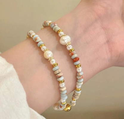 Wholesale Shoushan Natural Stone Beaded Necklace And Bracelet Women Gold Plated Stainless Steel Jewelry Sets Mixed Tower Beaded Fashion Jewelry Bracelet