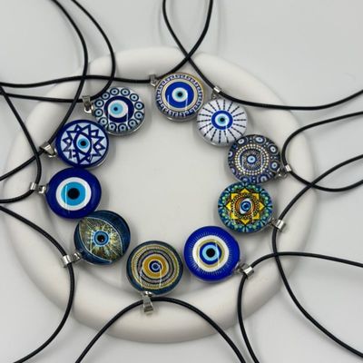 Evil Eye Necklace, Bracelet, Earring, Ring, Keychain & Hamsa Hand Pendant - Turkish Protection Jewelry Set Evil Eye Pendant Necklace Glass Leather Rope Chain Turkish Protect