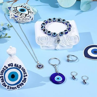Evil Eye Necklace, Bracelet, Earring, Ring, Keychain & Hamsa Hand Pendant - Turkish Protection Jewelry Set Evil Eye Pendant Necklace Glass Leather Rope Chain Turkish Protect