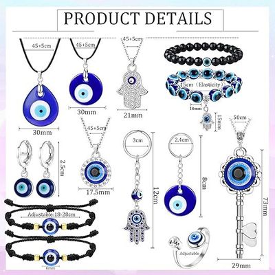 Evil Eye Necklace, Bracelet, Earring, Ring, Keychain & Hamsa Hand Pendant - Turkish Protection Jewelry Set Evil Eye Pendant Necklace Glass Leather Rope Chain Turkish Protect